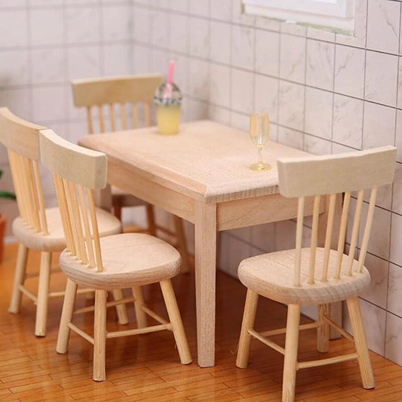 Miniature Dollhouse Dining Set — 1/12 Scale Wooden Table and Chair Decor