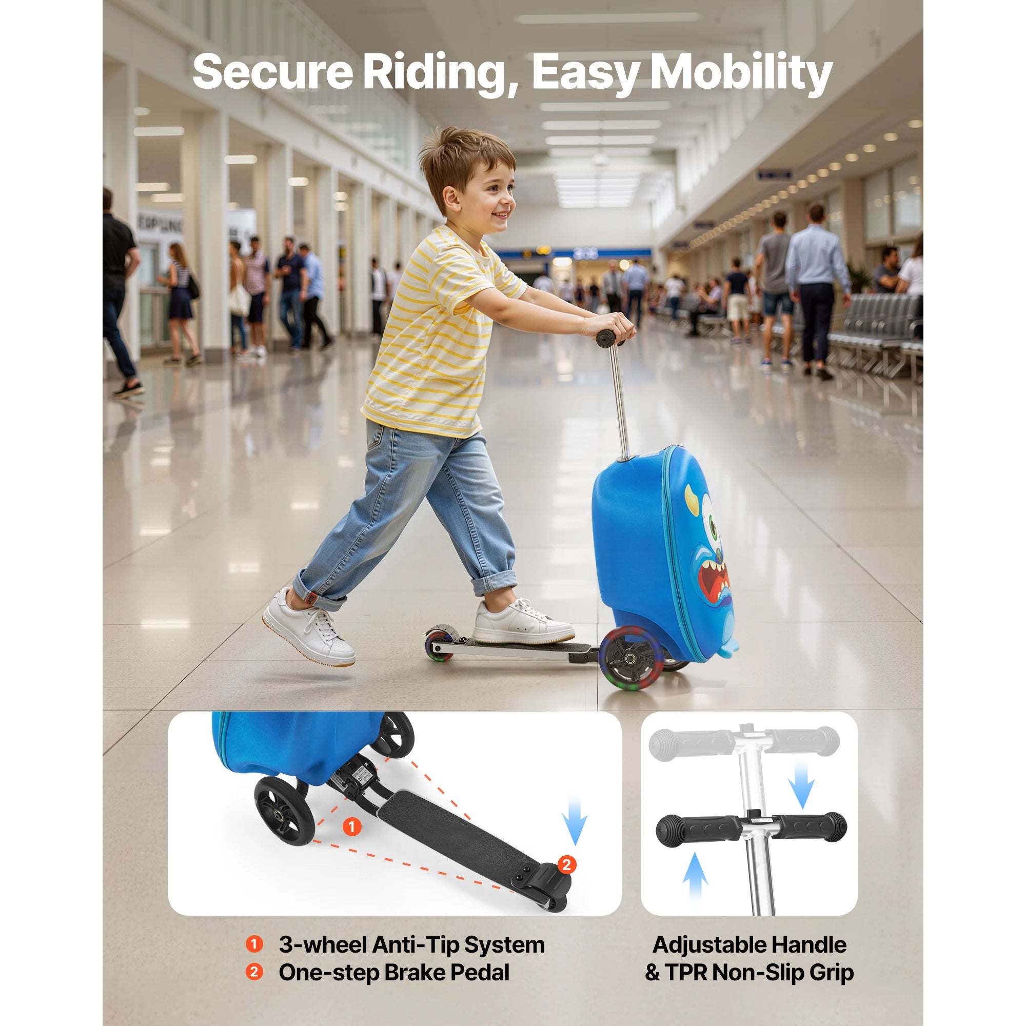 SucceBuy Kids Ride-On Luggage — 20L Scooter Suitcase with Flash Wheels