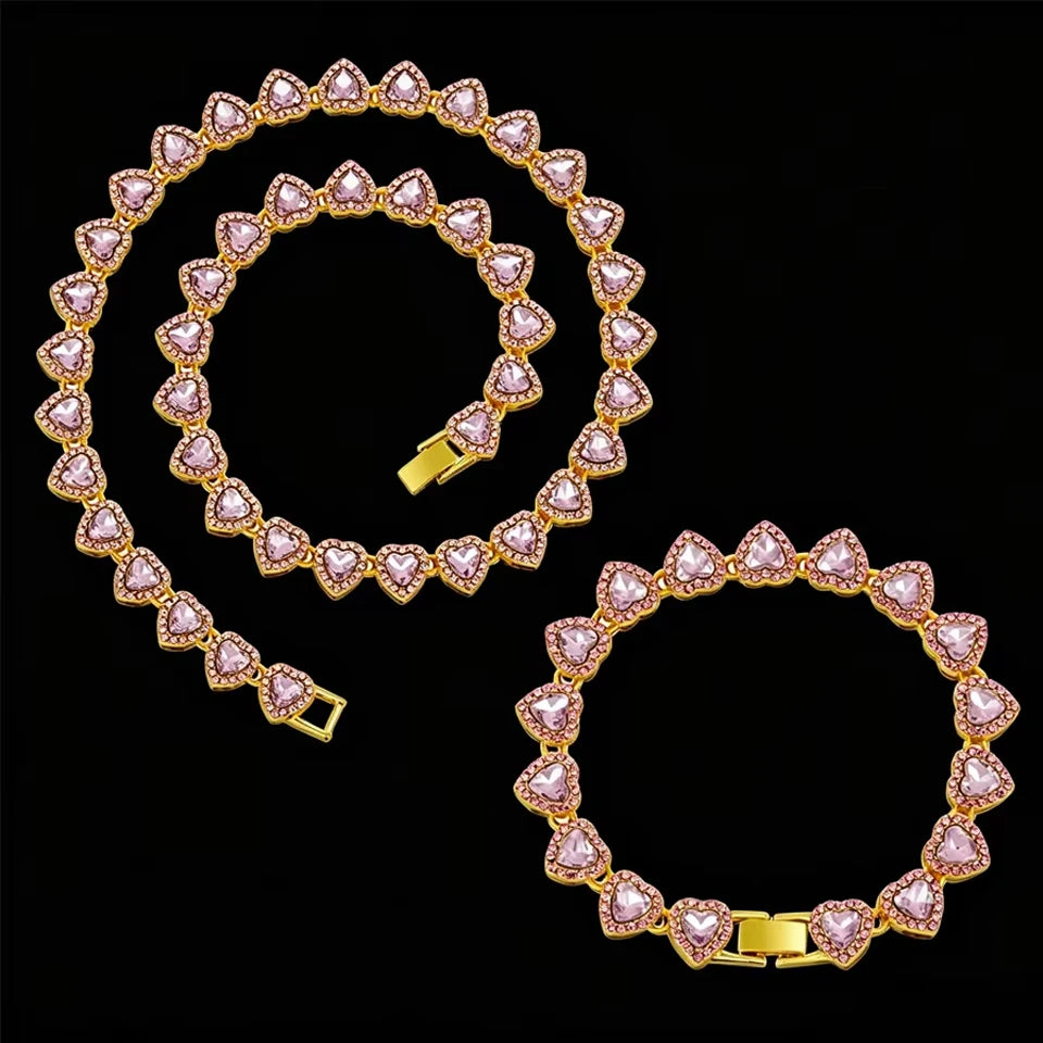 Hip Hop Rhinestone Heart Jewelry Set — Tennis Chain Necklace and Bracelet