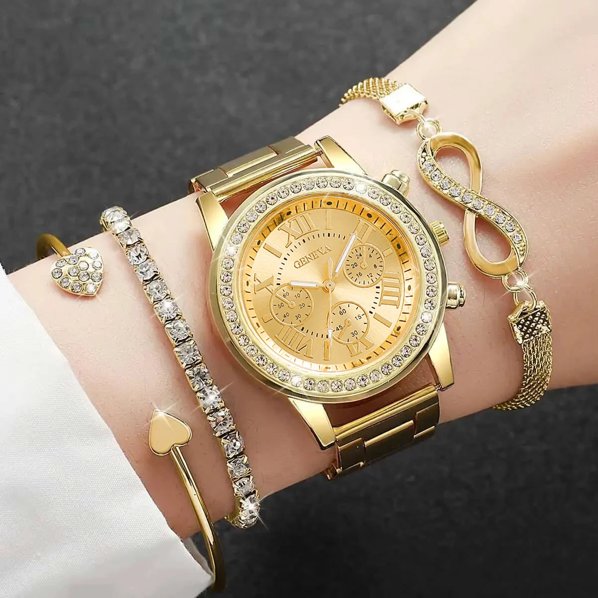 Women's Rhinestone Quartz Watch & Bracelet Set — Elegant Jewelry Accessory Kit
