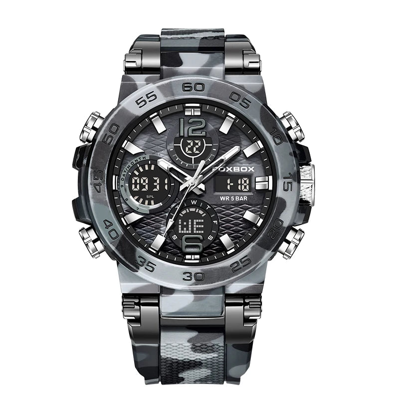 foxbox Men's Military Sports Watch — Waterproof Dual Display Quartz Timepiece