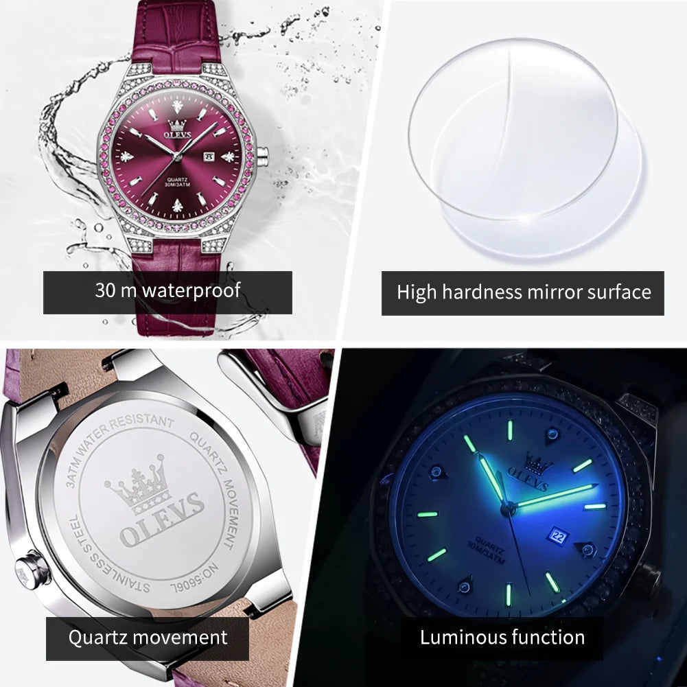 OLEVS Women's Luxury Quartz Watch — Diamond Lap Fashion Leather Strap