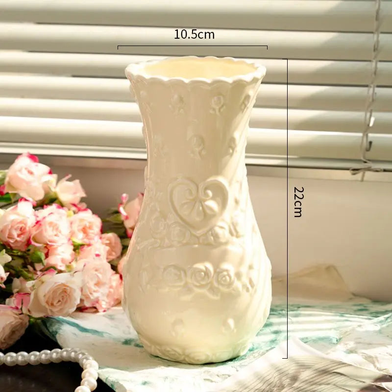 Retro Rose Relief Decorative Vase — European Style Imitation Ceramic Desktop Ornament