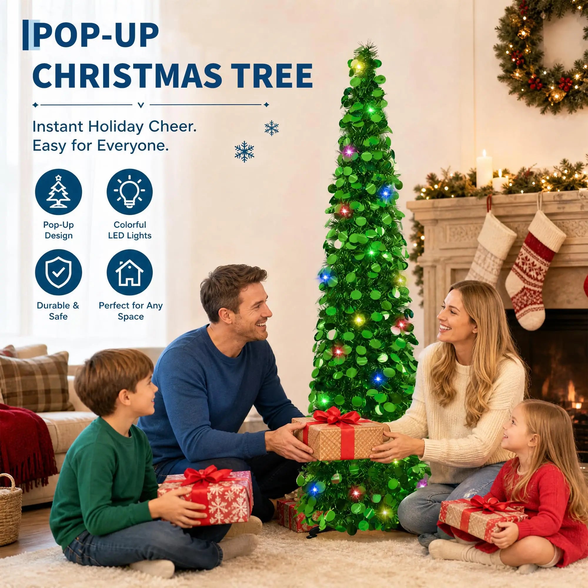 HiMISS 5ft Pre-Lit Pop Up Christmas Tree — Slim Tinsel Pencil Design
