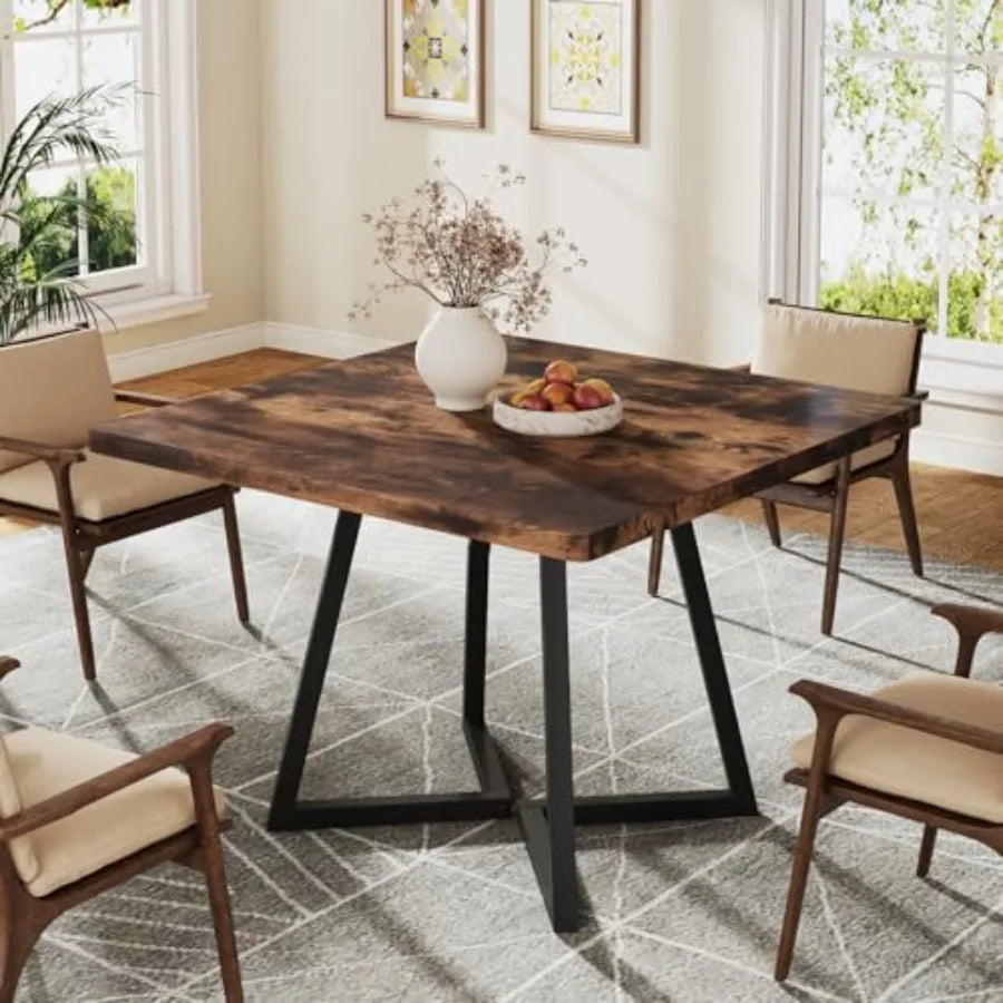 Square Dining Table — Industrial Metal Base & Wood Design, Small Space Solution
