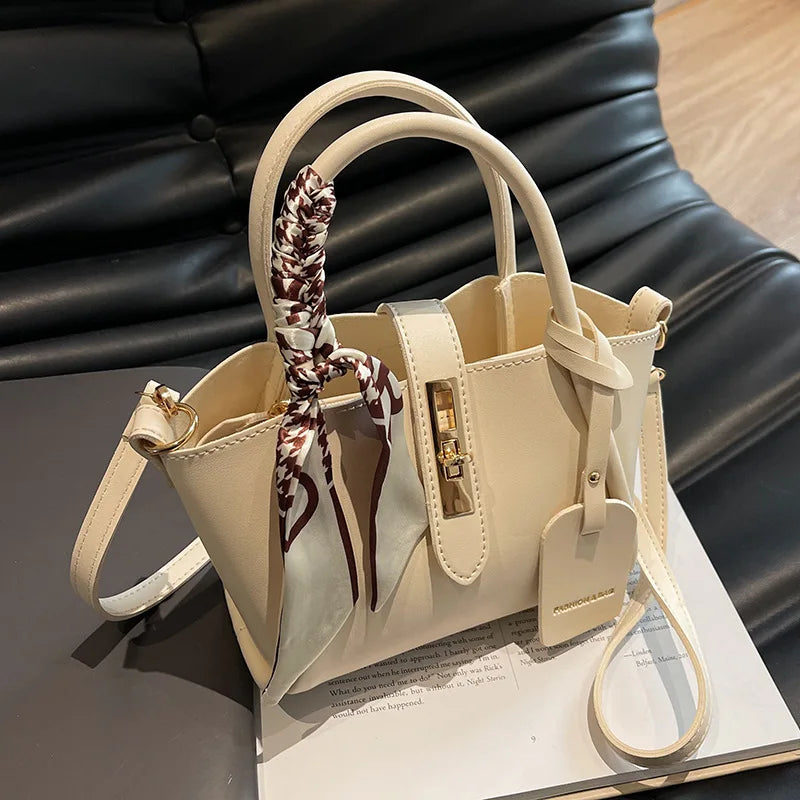 Elegant Leather Top Handle Handbag — Versatile Shoulder Purse with Silk Scarf