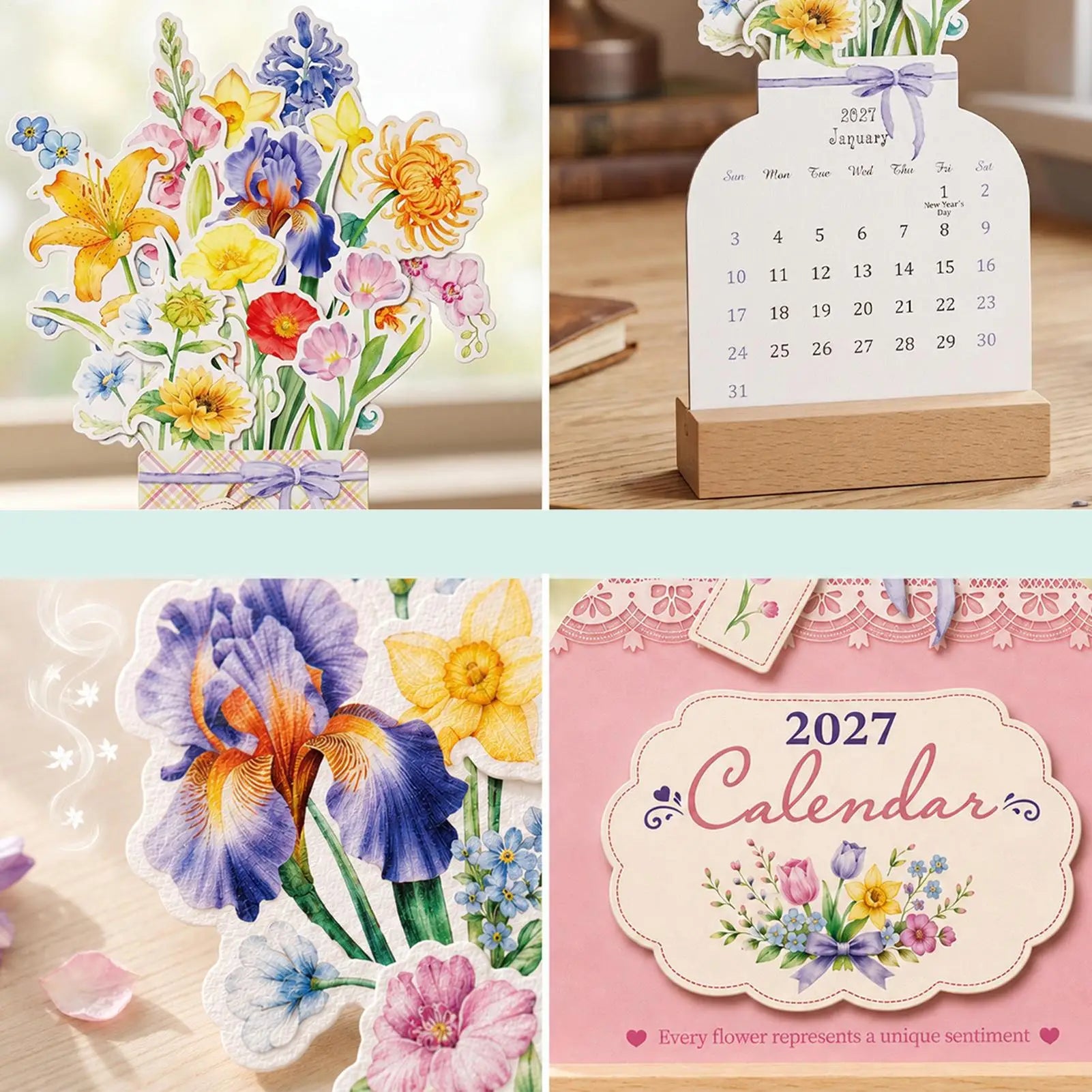 2027 Floral Desk Calendar — Monthly Planner with Wooden Vase Base
