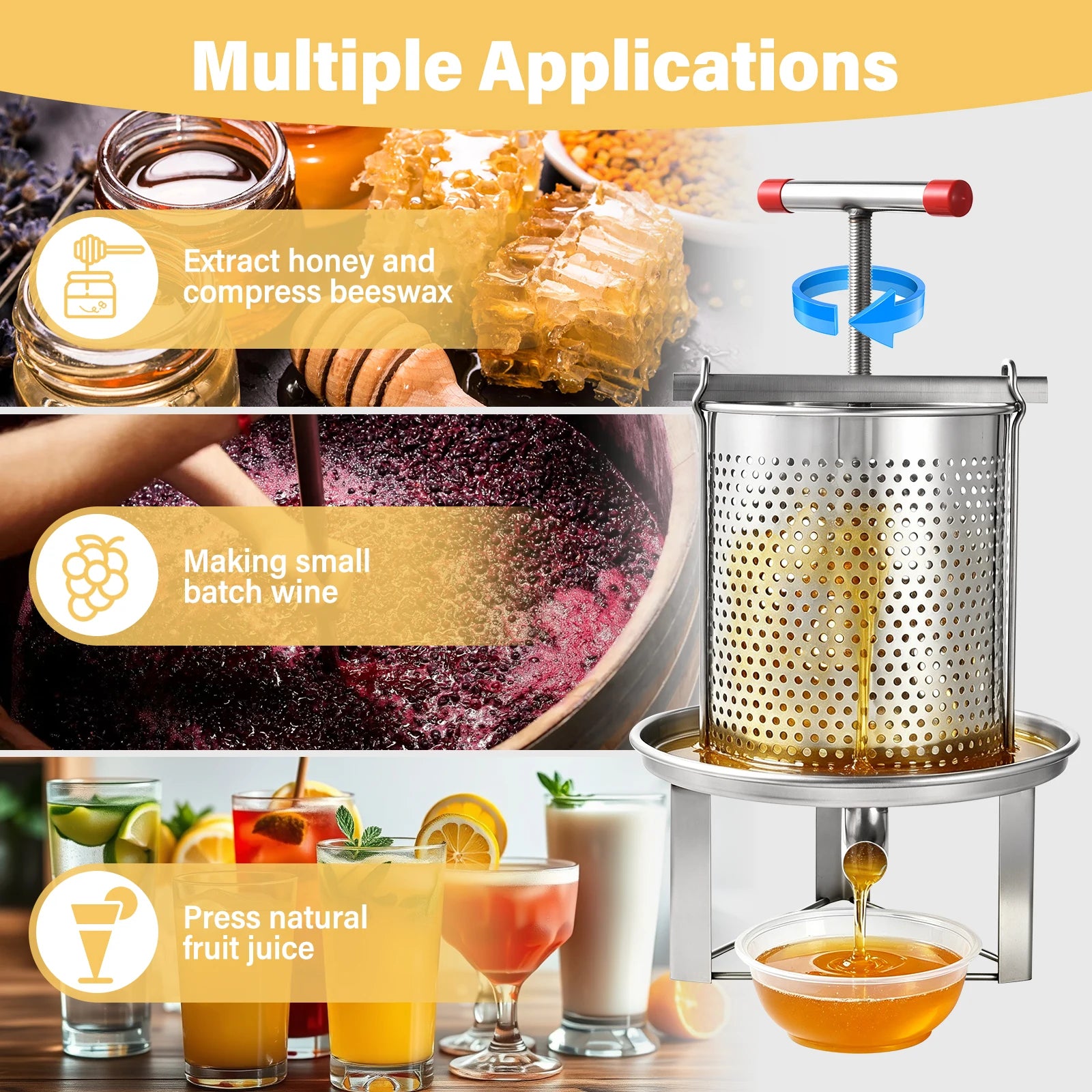 Manual Honey Extractor — Stainless Steel Beeswax Separator & Juice Press