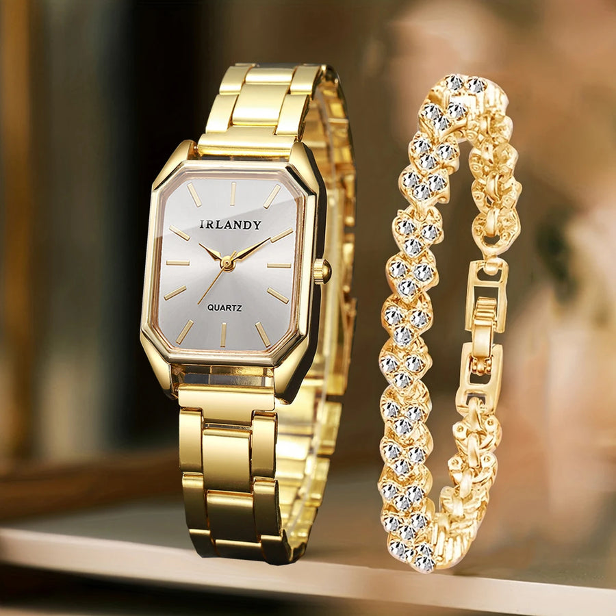 Women's Rectangle Quartz Watch and Rhinestone Bracelet Set — Elegant Jewelry Duo