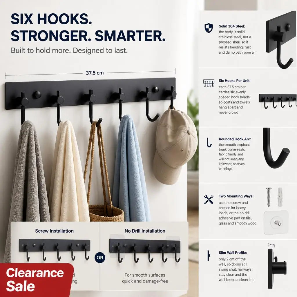 Stainless Steel Wall Hook Bar — 2 Pack Adhesive or Screw Mount Rack