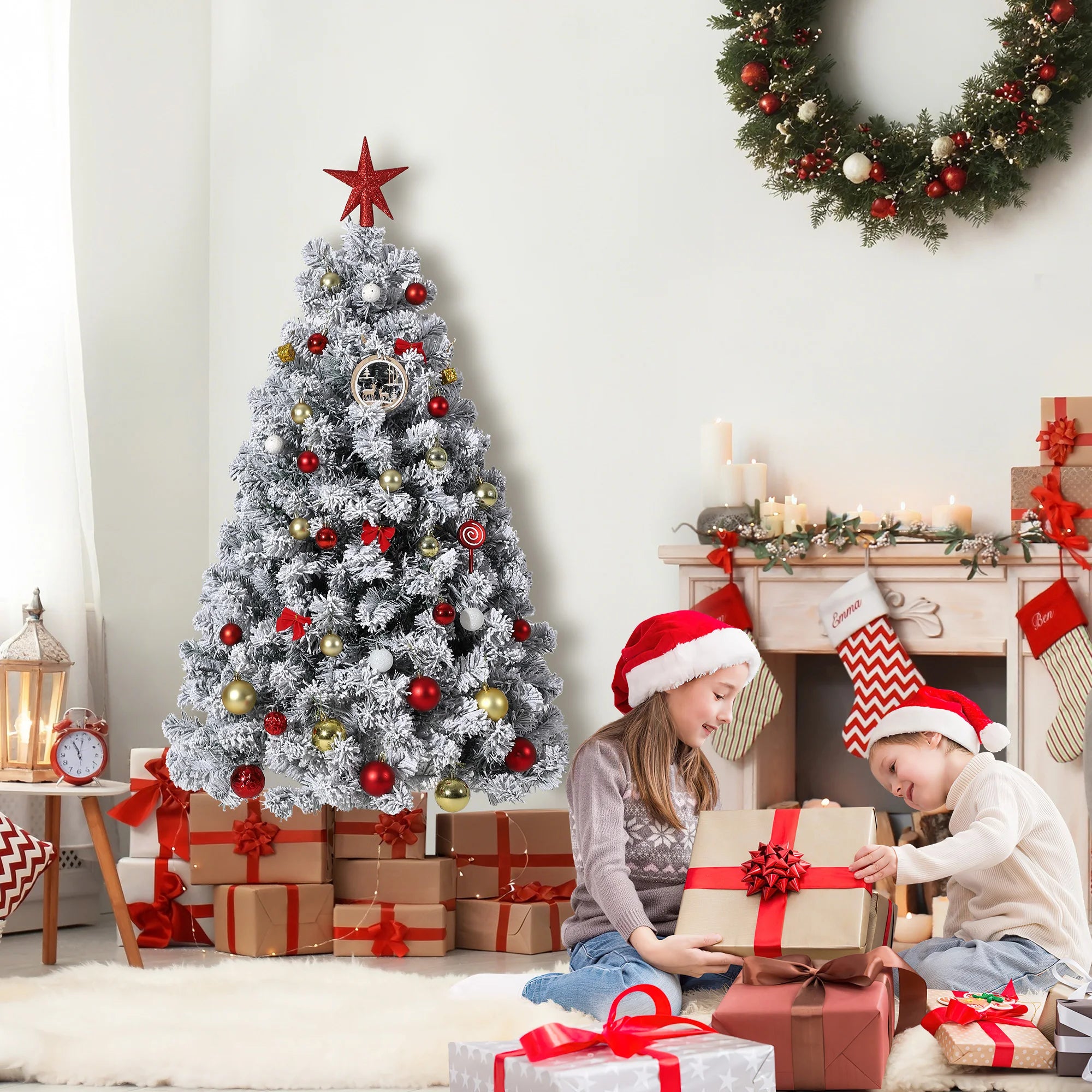GAOMON 6FT Pre-Lit Snow Flocked Christmas Tree — Warm White LED Holiday Decor