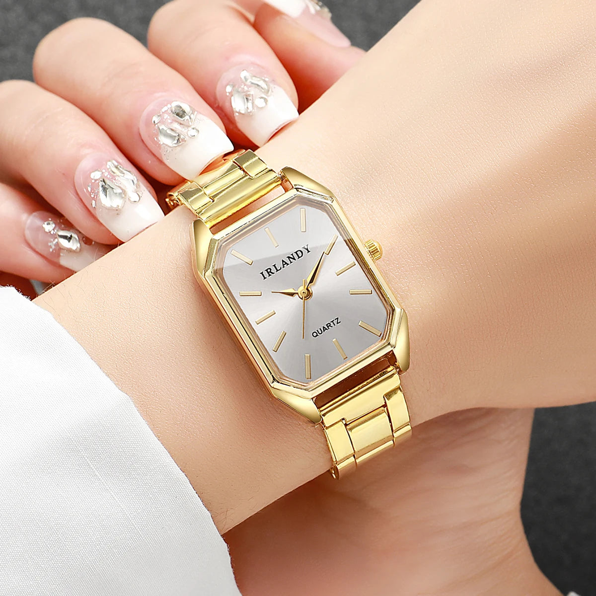 Women's Rectangle Quartz Watch and Rhinestone Bracelet Set — Elegant Jewelry Duo