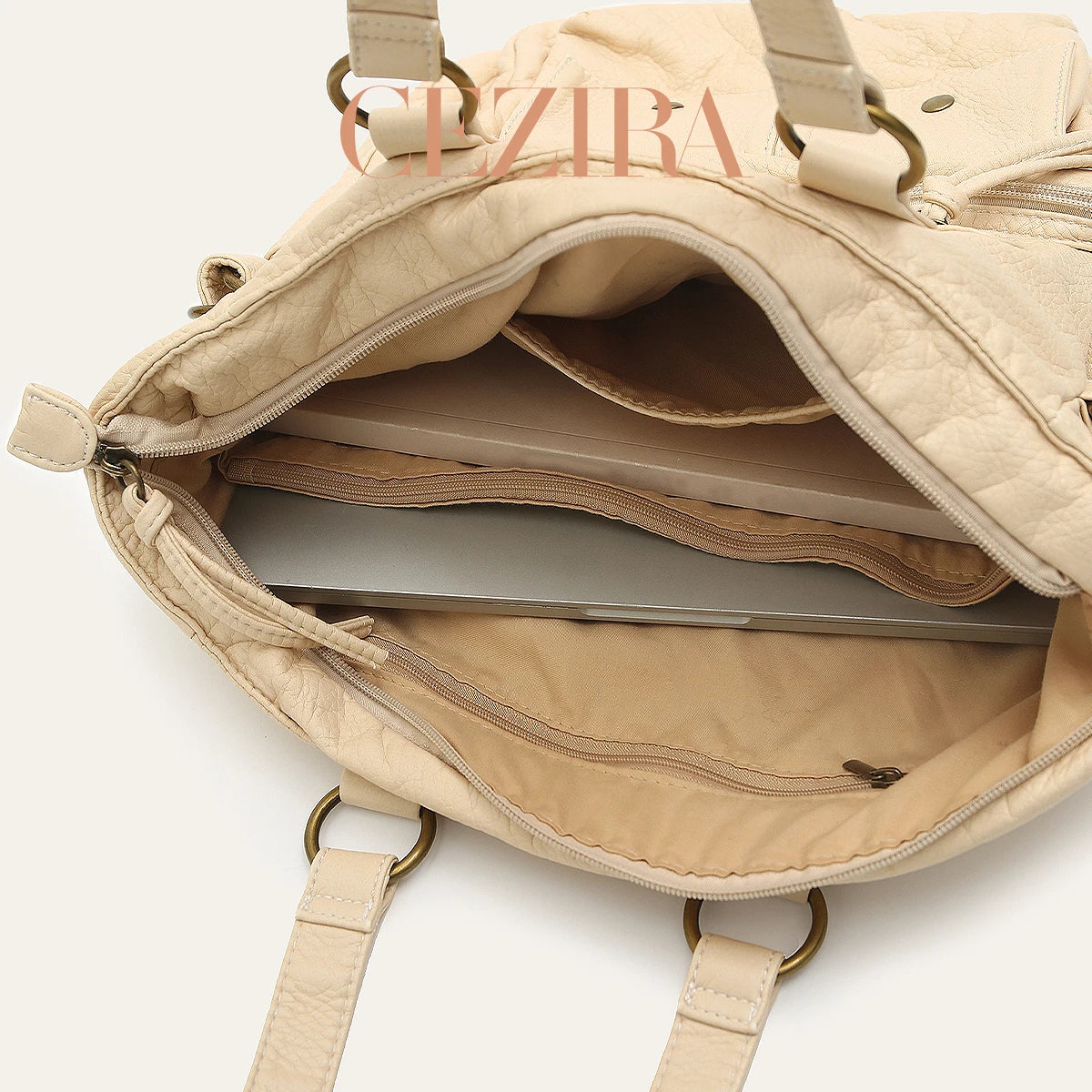 CEZIRA Retro Washed Vegan Leather Tote — Multi-Pocket Shoulder Bag