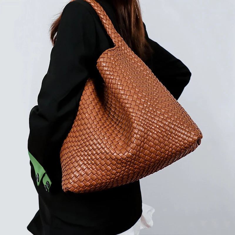 Handwoven Vegan Leather Tote Bag — Large Capacity Shoulder Bag with Clutch