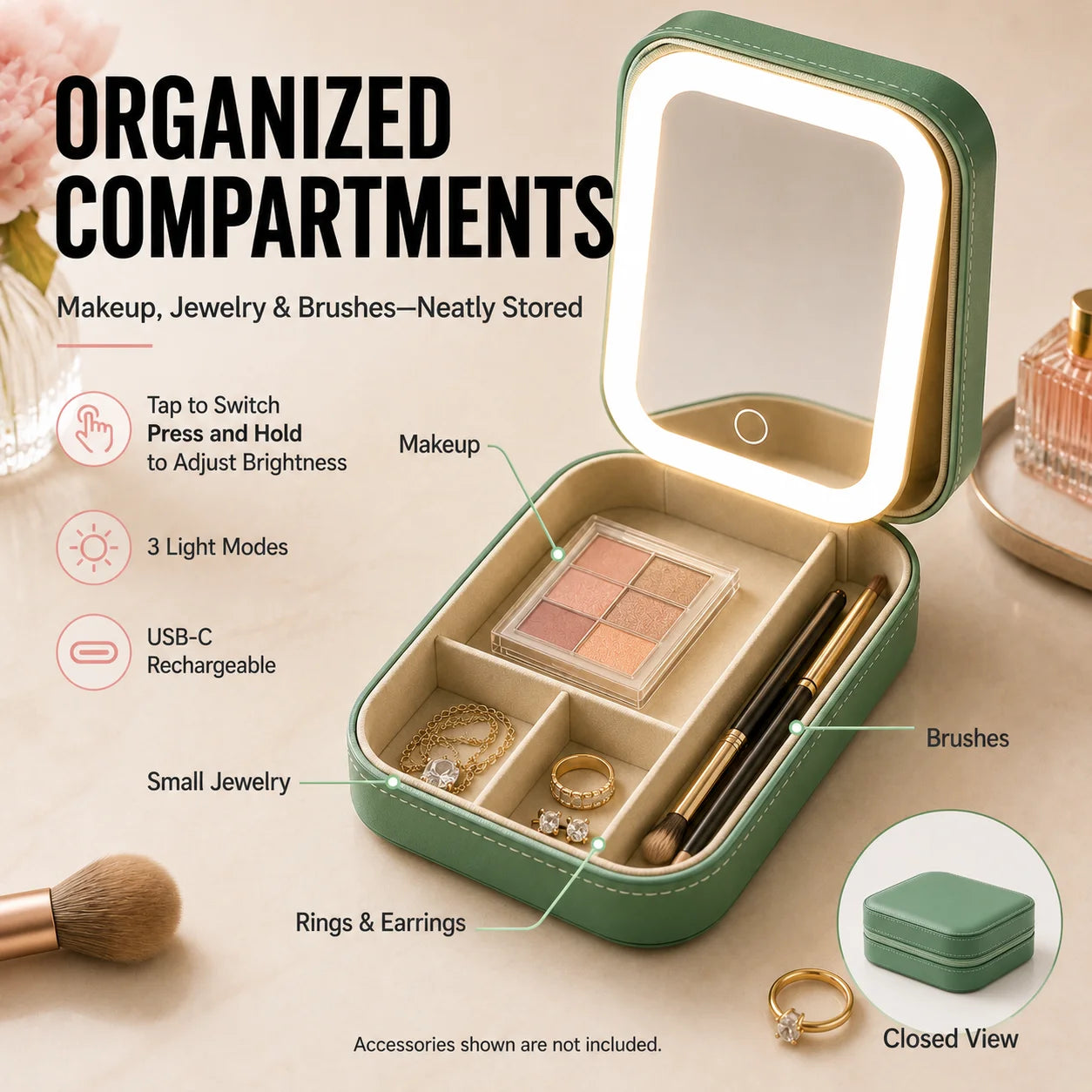 2-in-1 LED Makeup Mirror — Portable Jewelry Storage Box & Travel Light