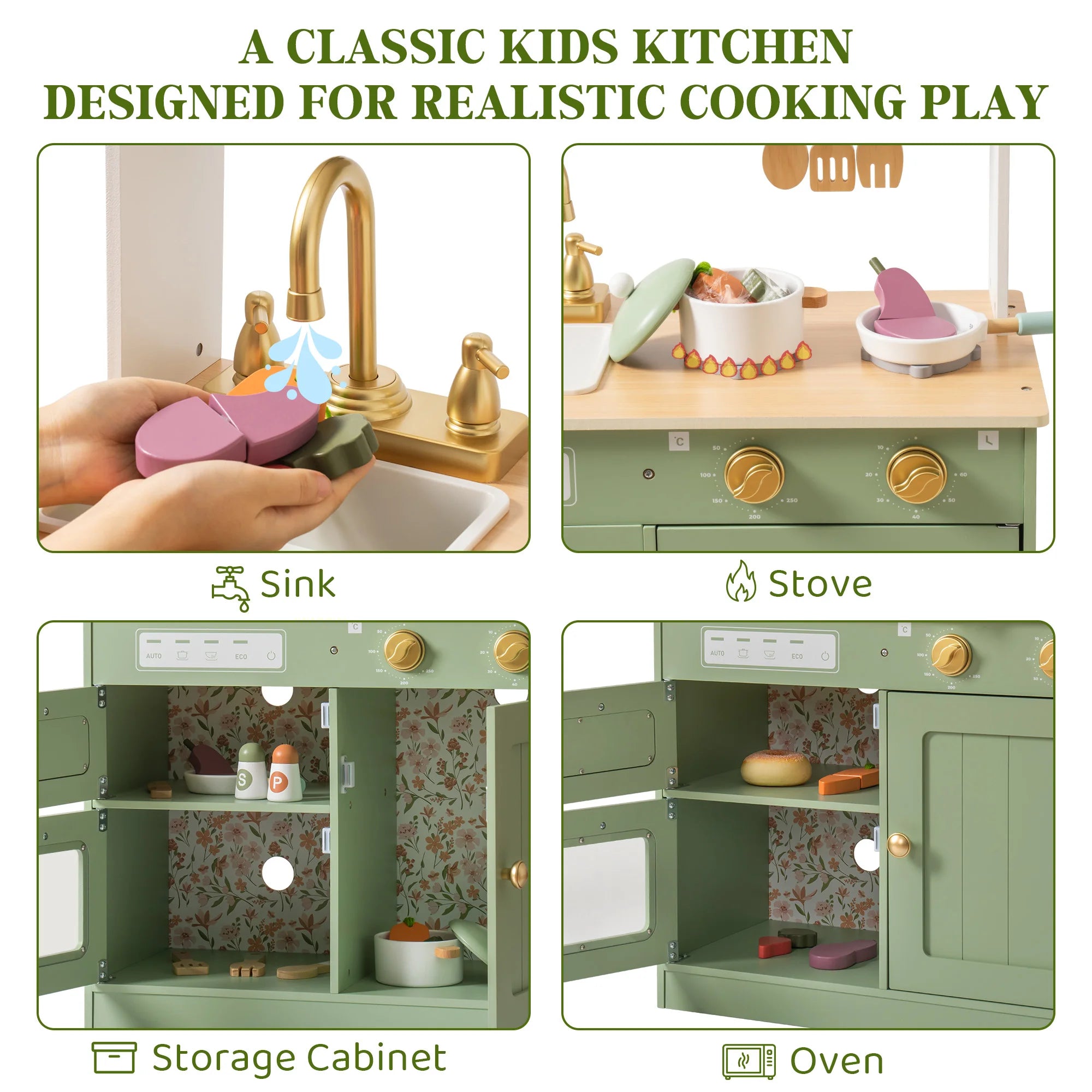 Robud Wooden Play Kitchen Set — Interactive Pretend Play Toy with Food