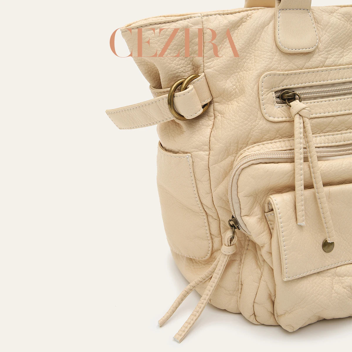 CEZIRA Retro Washed Vegan Leather Tote — Multi-Pocket Shoulder Bag