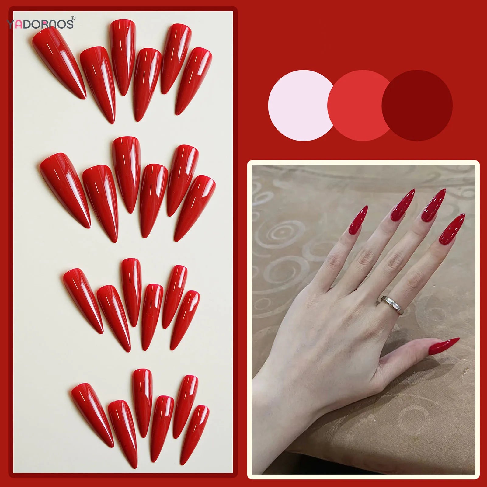 YADORNOS Solid Red Press On Nails — Long Almond Full Cover Fake Nail Set