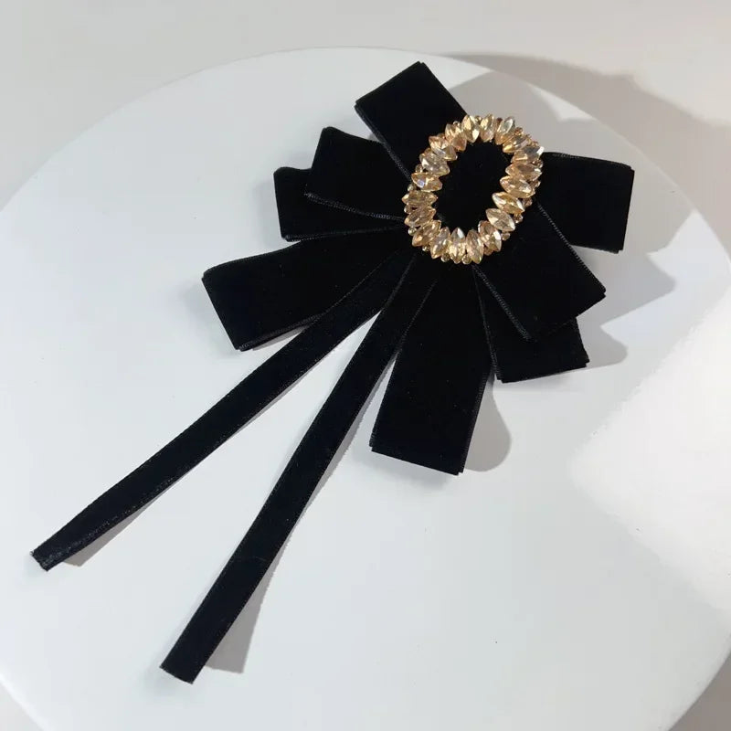 i-Remiel Velvet Bow Tie Brooch — Rhinestone Crystal Flower Pin