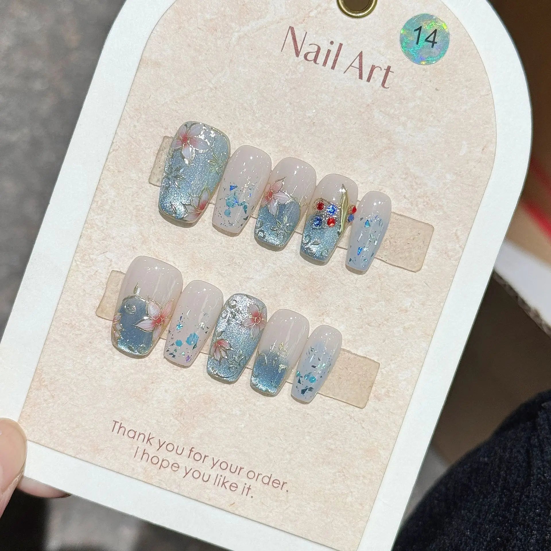 Qsezeny Green Floral Press On Nails — Medium Coffin French Gradient Design