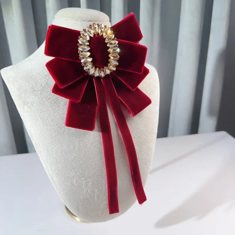 i-Remiel Velvet Bow Tie Brooch — Rhinestone Crystal Flower Pin