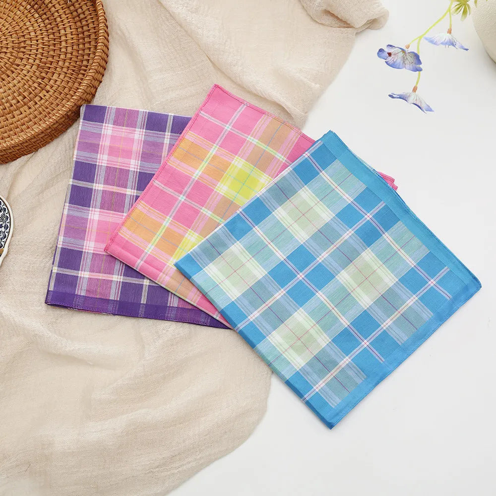 Women's Pure Cotton Plaid Handkerchiefs — Soft 3-Piece Set