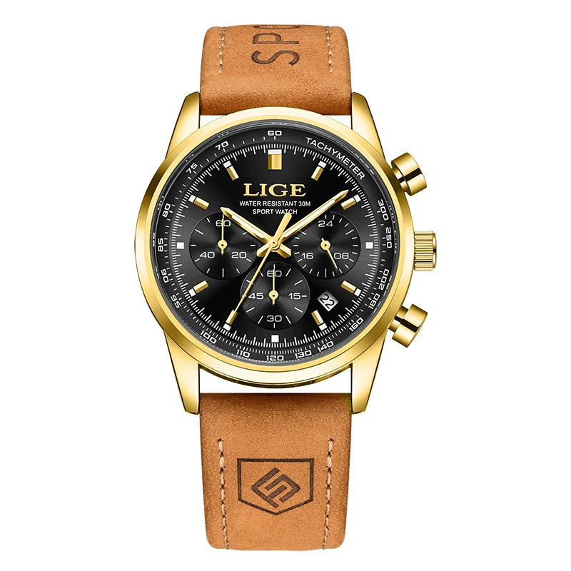 LIGE Men's Business Quartz Watch — Genuine Leather Chronograph Wristwatch