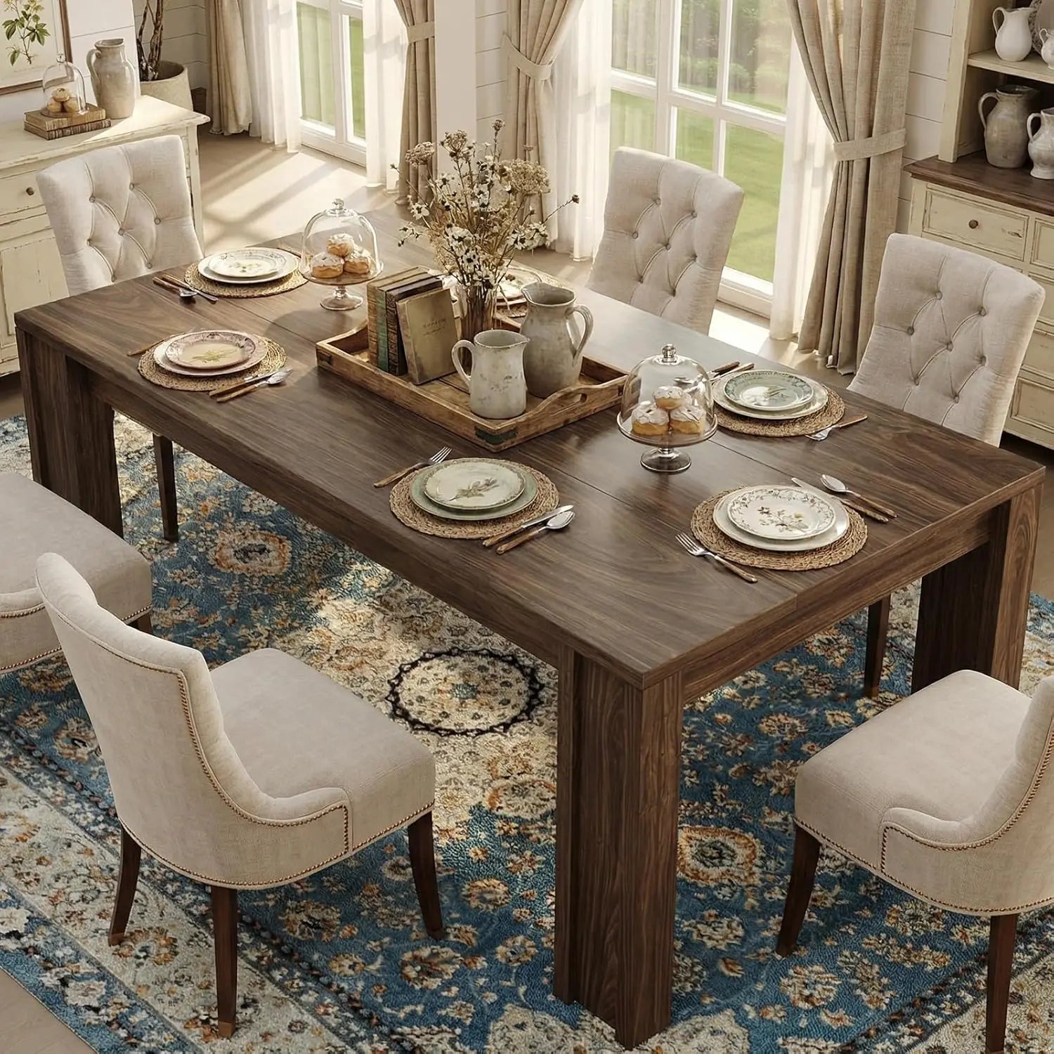 71" Rectangular Farmhouse Dining Table — Large Wooden Surface for 6-8 Guests