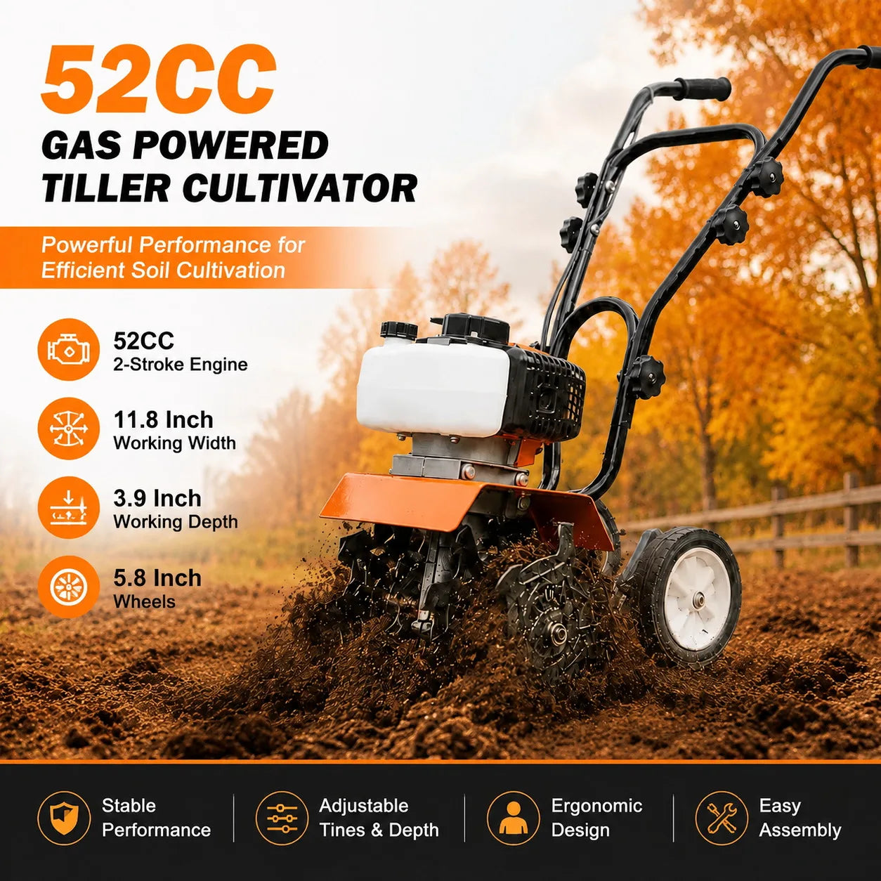 Gas Powered Garden Tiller — 52CC 2-Stroke Engine Soil Cultivator