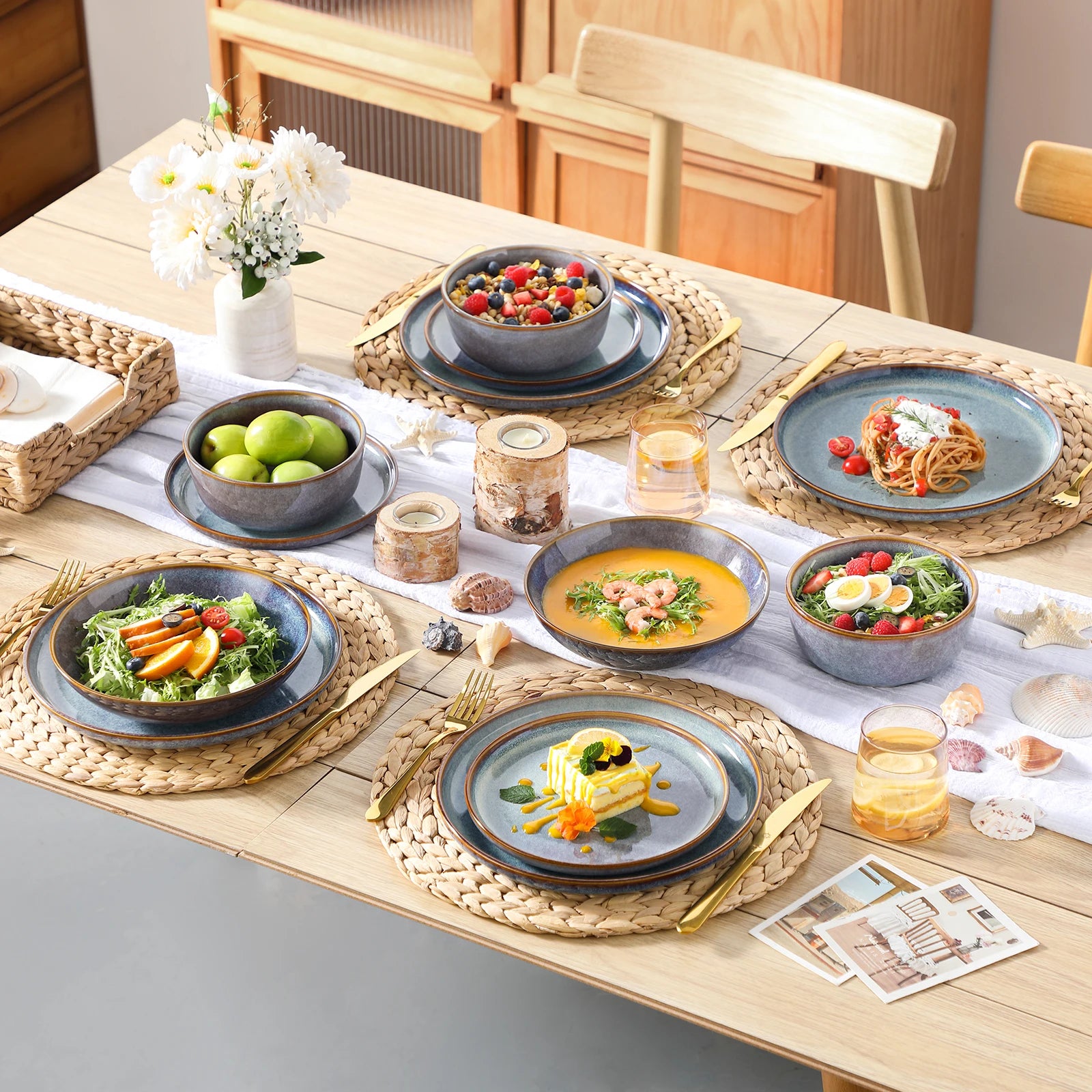 MALACASA Reactive Glaze Stoneware Dinnerware Set — Unique Grey-Blue Ceramic Plates