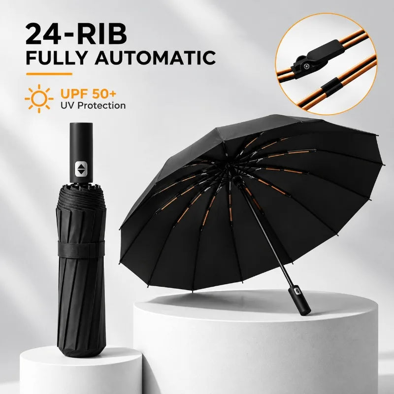 Automatic Folding Umbrella — Windproof 24-Rib Design with UV Protection