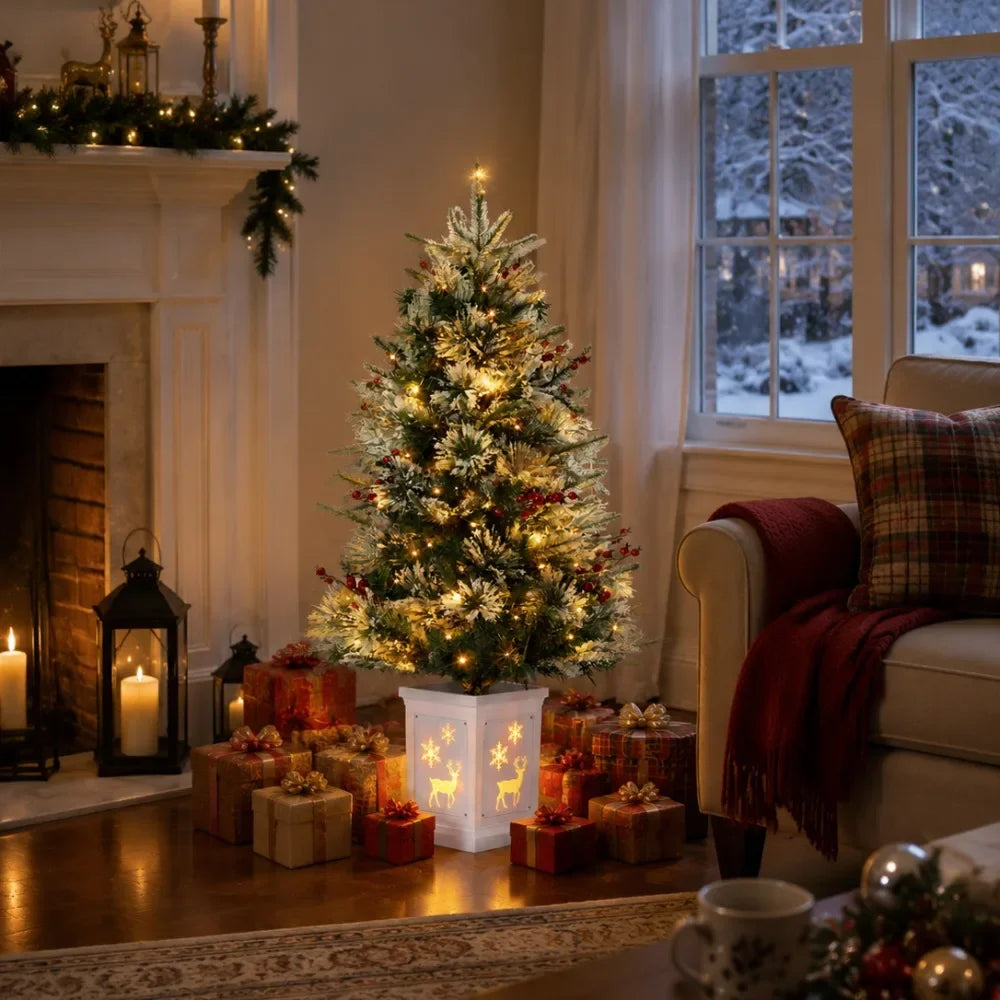 Pre-Lit Mini Christmas Tree — 3FT Flocked Artificial Tree with LED Lights