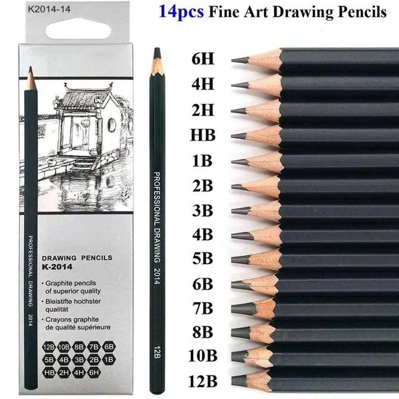 Professional Sketch Pencil Set — 14-Piece Wooden Drawing Kit for Artists