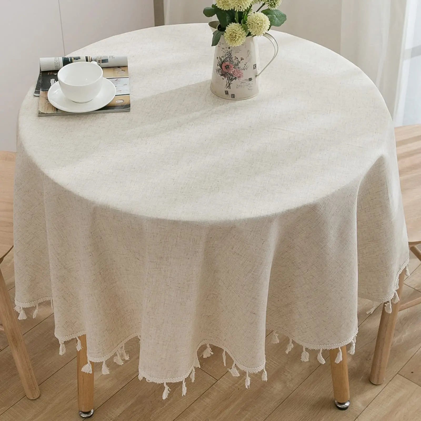 Linen Cotton Round Tablecloth — Vintage Ruffle Dining Table Cover