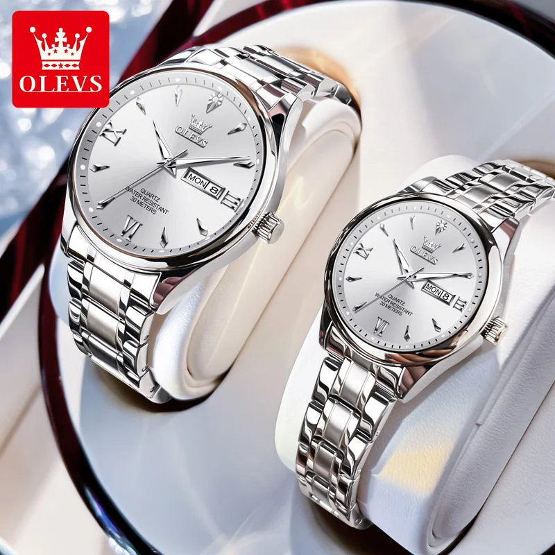 OLEVS 9806 Luxury Couple Watch Set — Waterproof Quartz Timepiece with Luminous Display