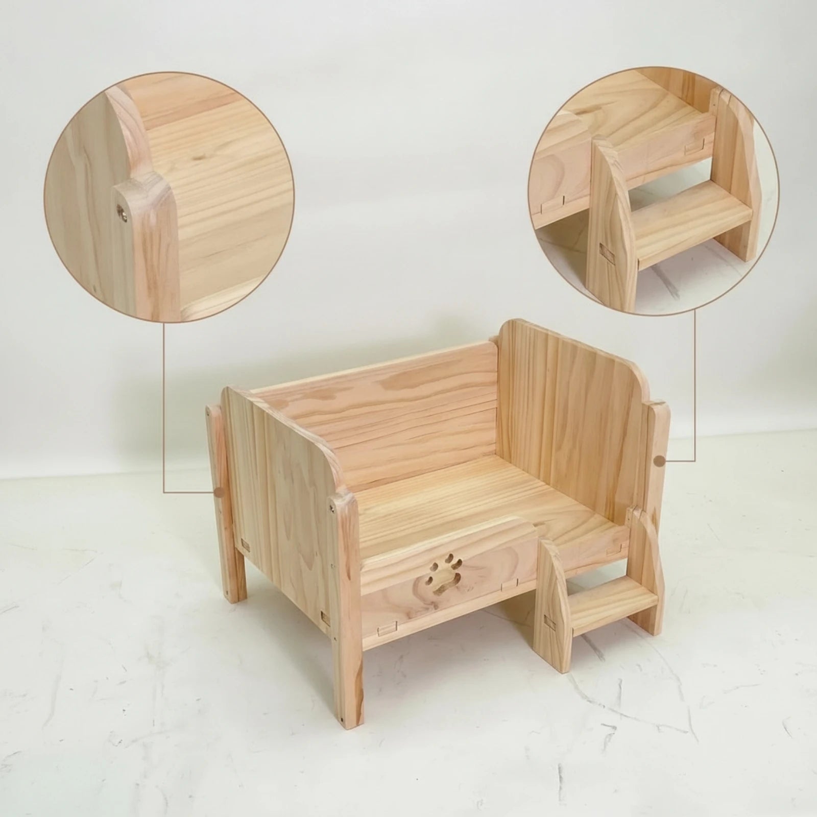 Elevated Wooden Pet Bed — Cozy Raised Cat Sofa with Step