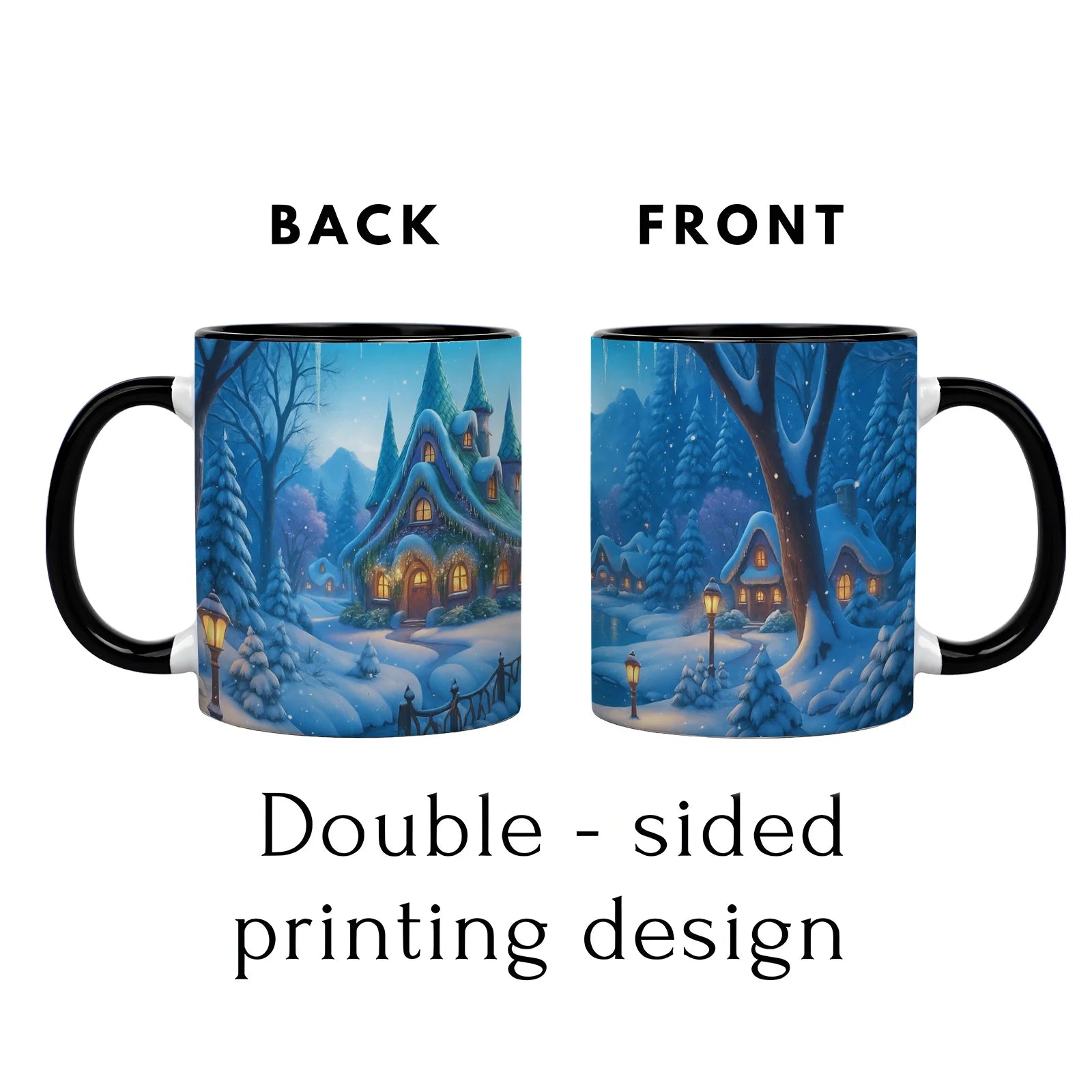 Winter Wonderland Ceramic Mug — Snowy Cottage & River Scene Coffee Cup