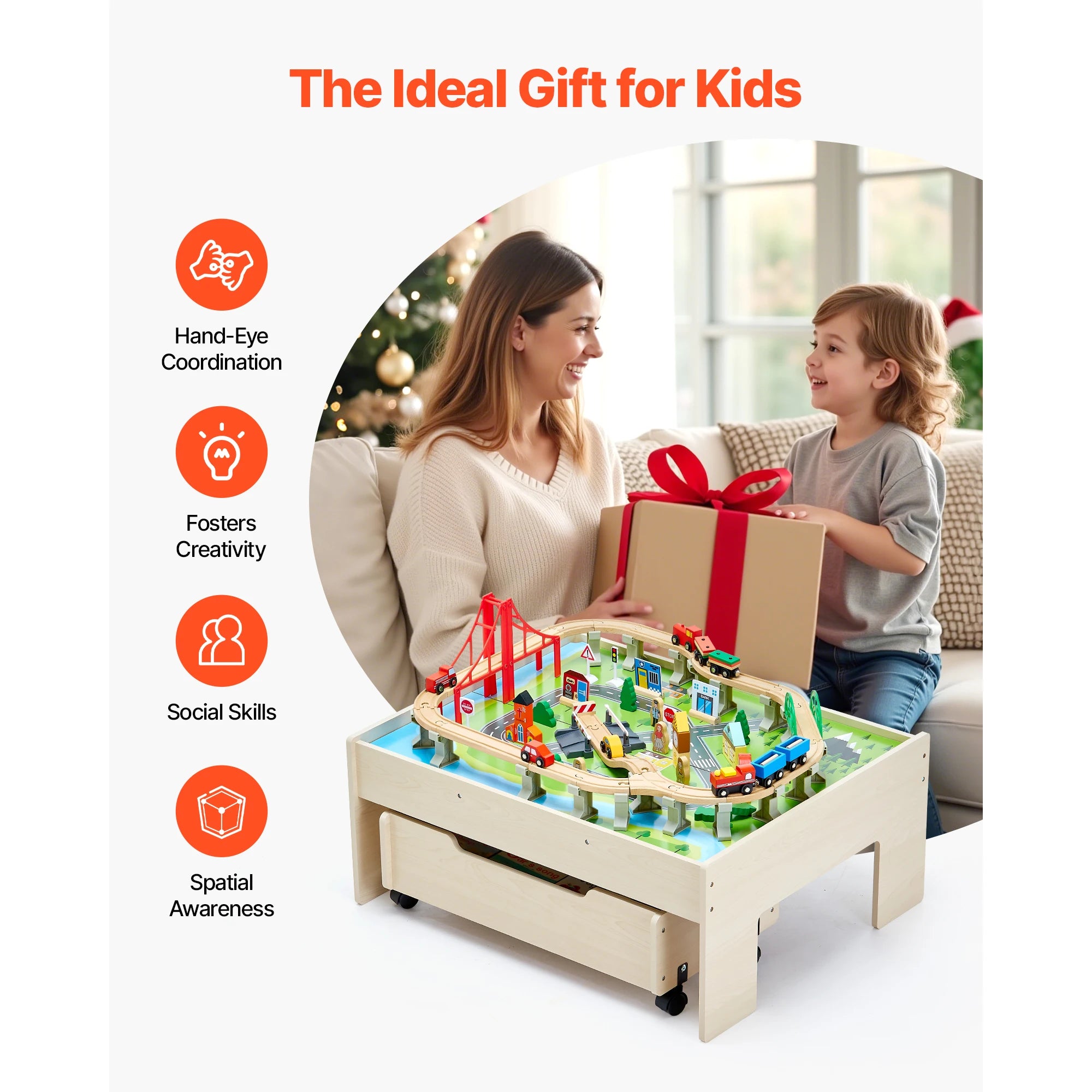 SucceBuy 3-in-1 Wooden Train Table — 100-Piece Activity Set with Storage