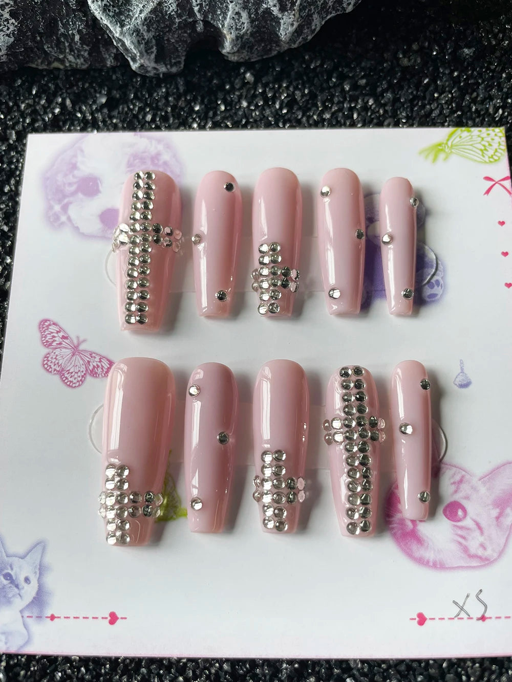 Handmade Long Coffin Pink Press On Nails — Cross Diamond Art Design