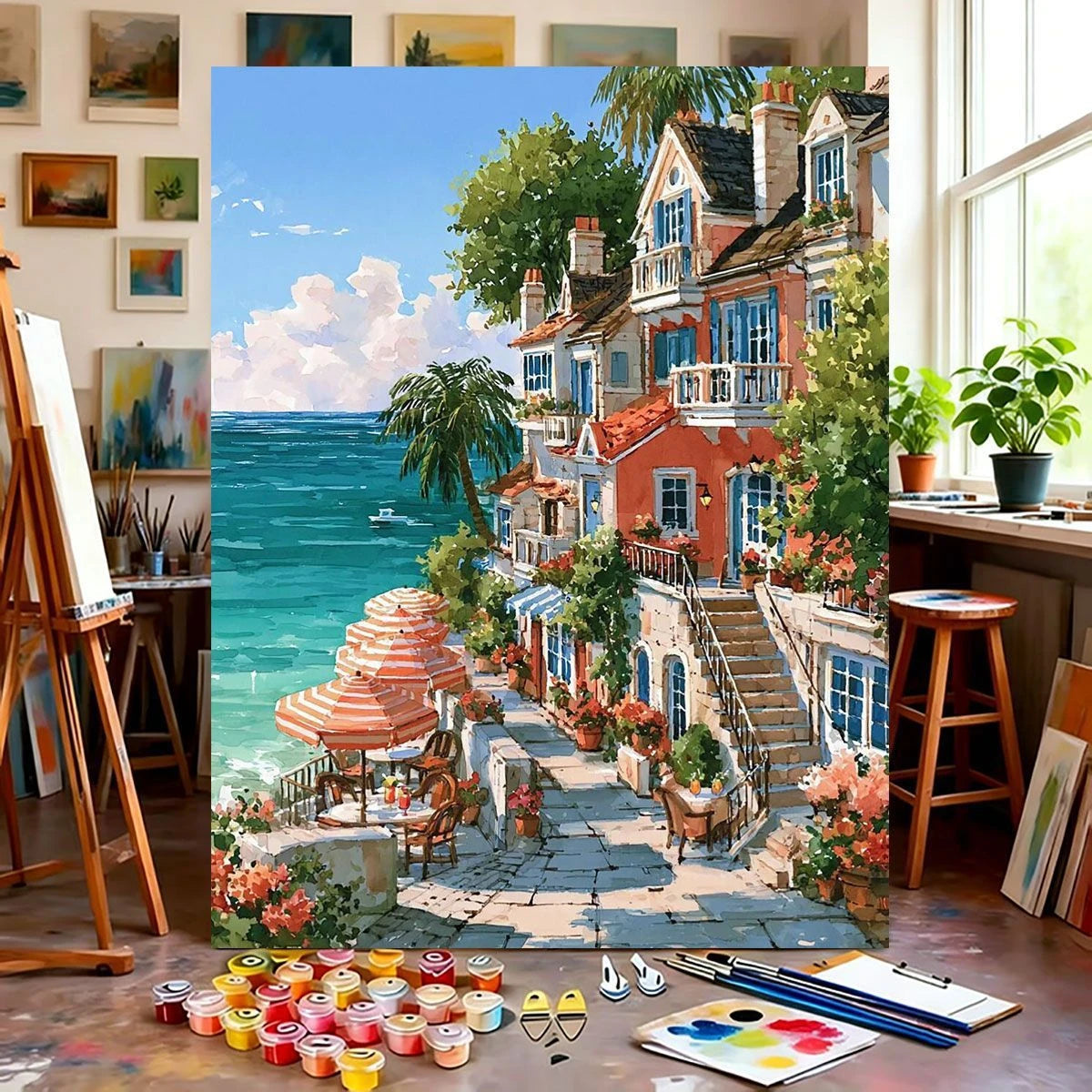 Coastal Town Seascape Paint by Numbers — DIY Canvas Oil Painting Kit