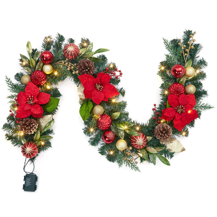 Pre-Lit Christmas Garland — 6ft Festive Decor with LED Lights & Gold Ornaments