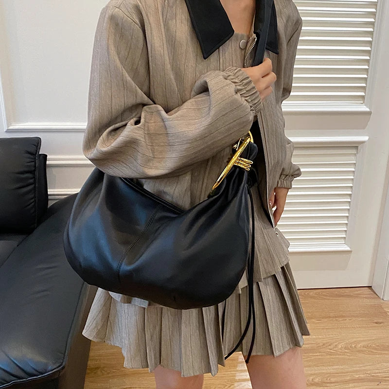 Elegant PU Leather Hobo Bag — Stylish Gold Ring Handle Tote
