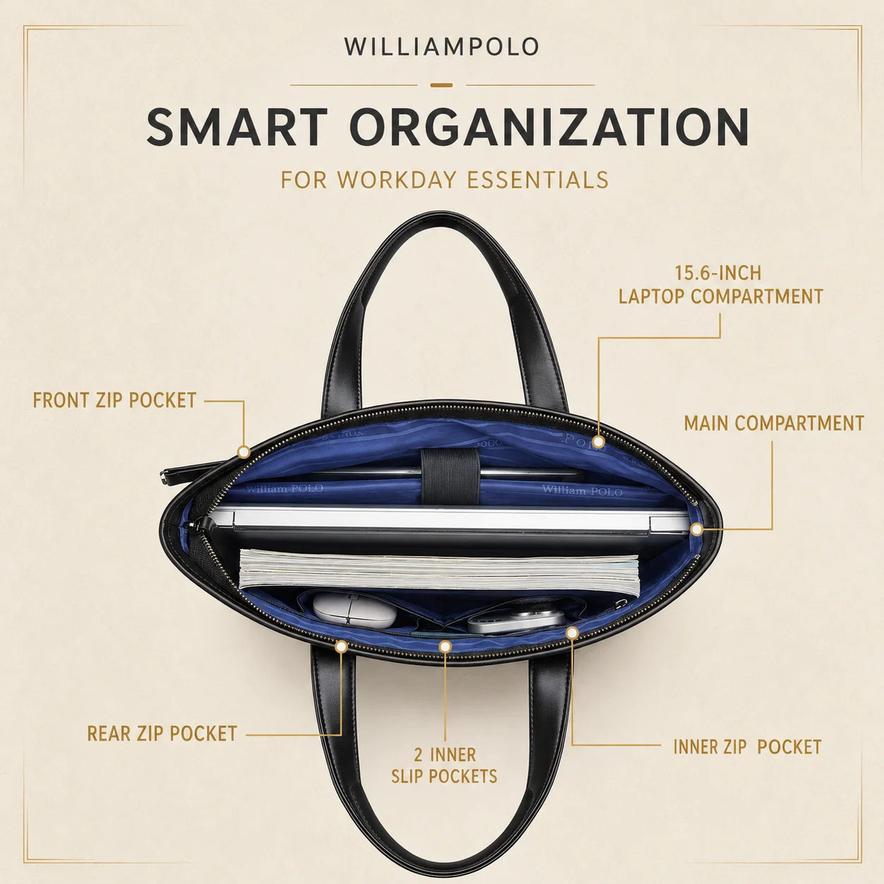 WilliamPAUL Men's Leather Business Briefcase — Professional Laptop Bag for Office and Travel
