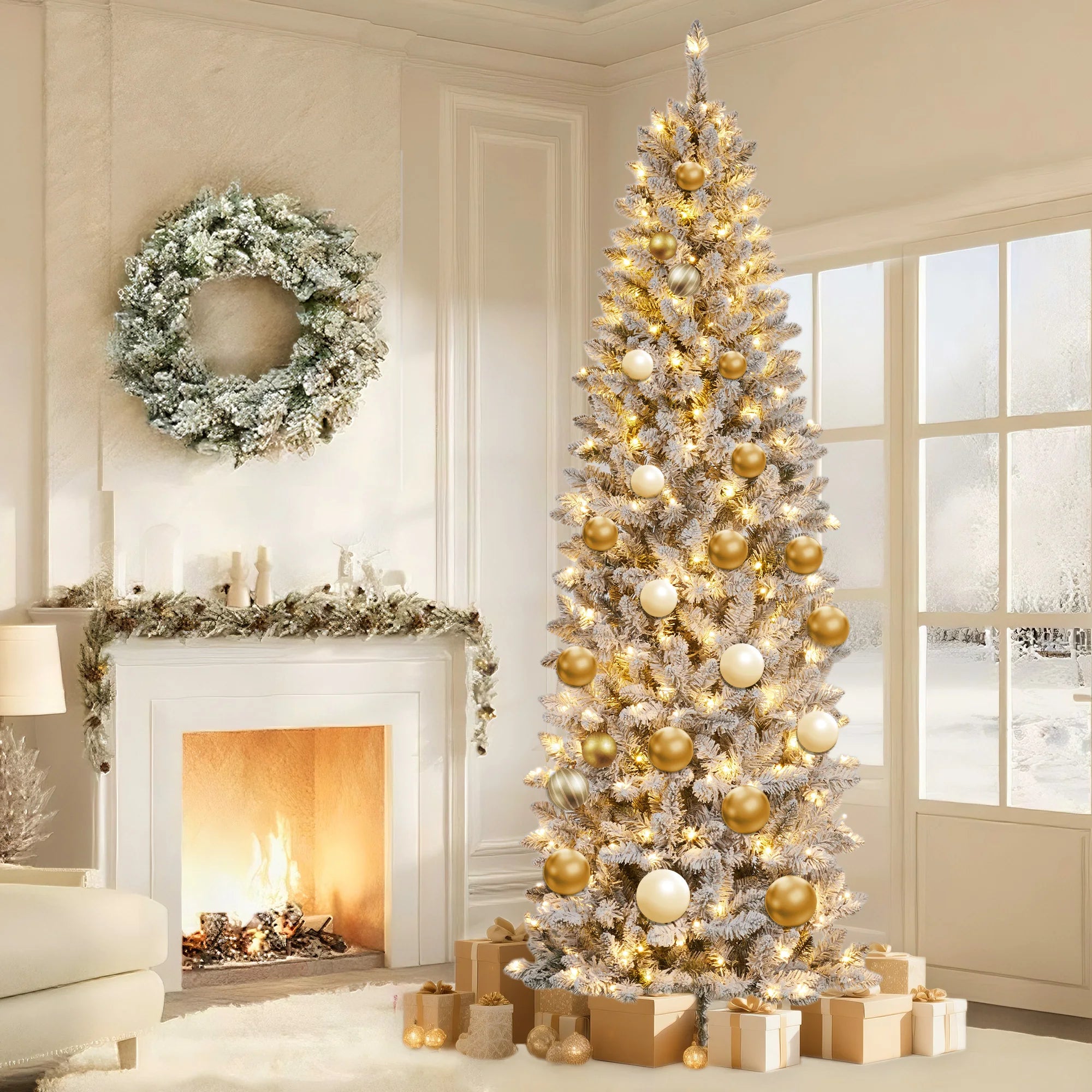 GAOMON Snow Flocked Slim Pencil Christmas Tree — Pre-Lit LED Holiday Decor