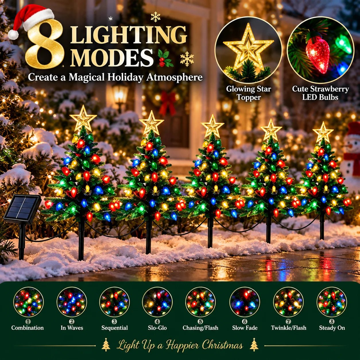 Solar Christmas Tree Pathway Lights — Multicolor LED Garden Stake Set