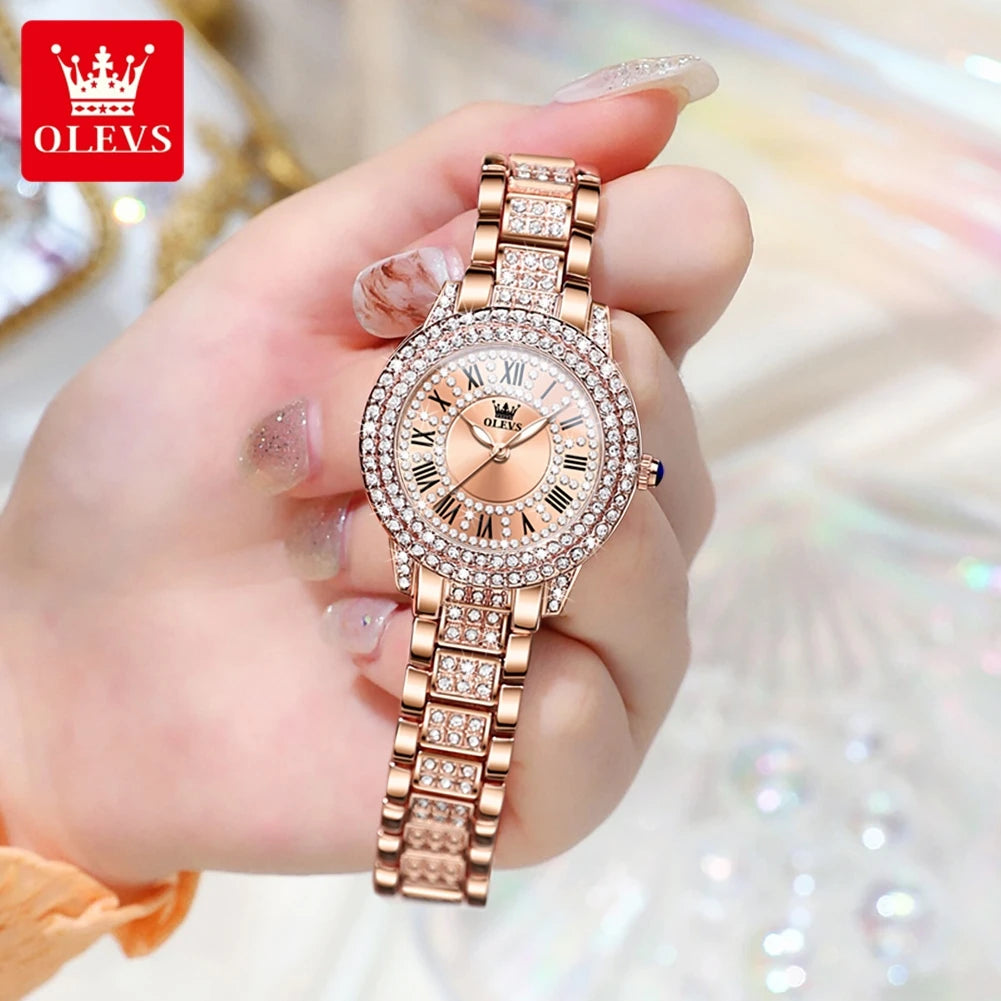 OLEVS Women's Luxury Quartz Watch — Roman Dial with Diamond Accents