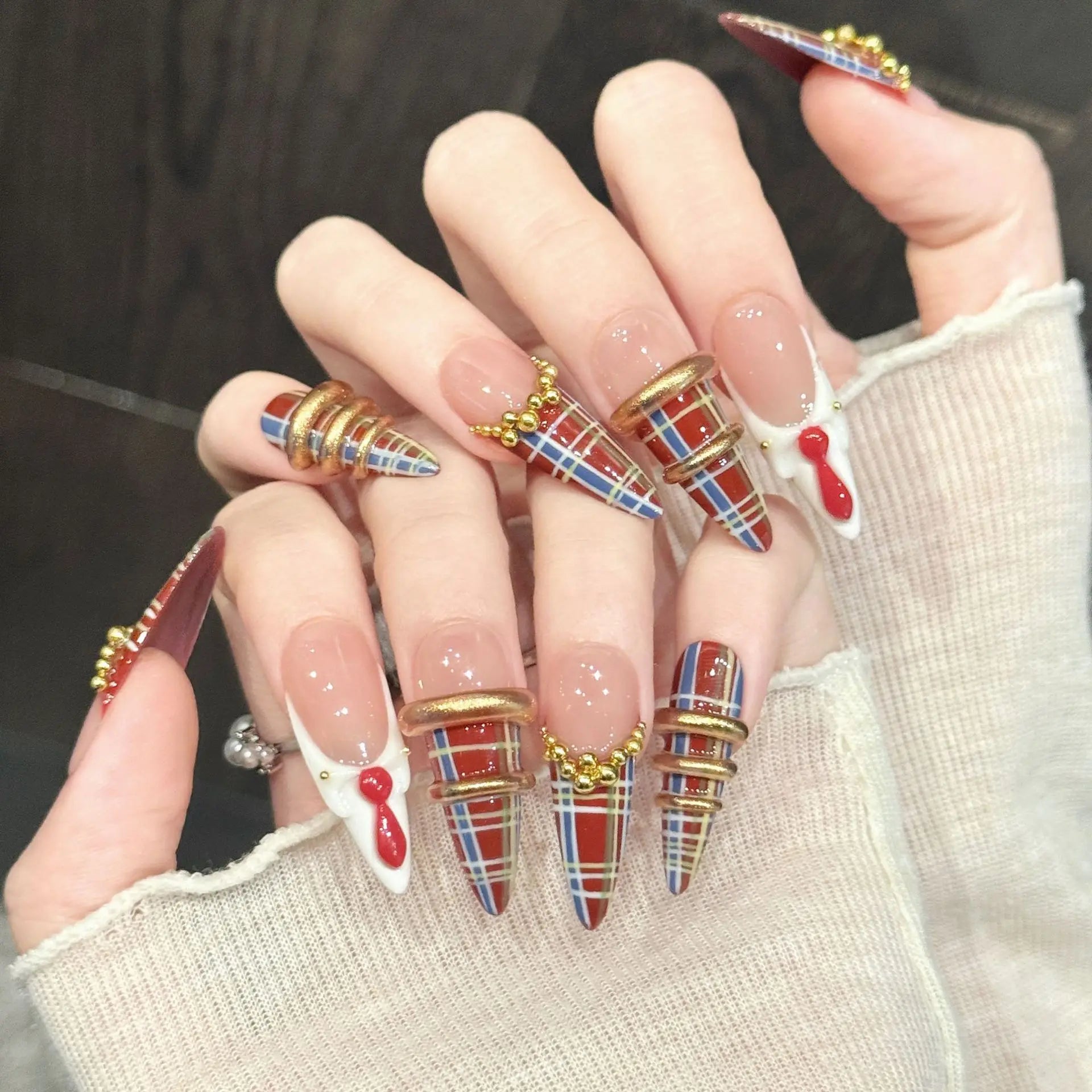 Handmade Long Pointed Press On Nails — Retro Academic Style, 10 Pieces
