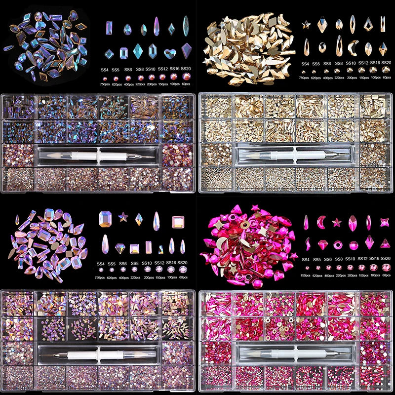 Nibiru DU Crystal Nail Rhinestones Set — Multi-Shape Gem Kit with Pick Up Pen