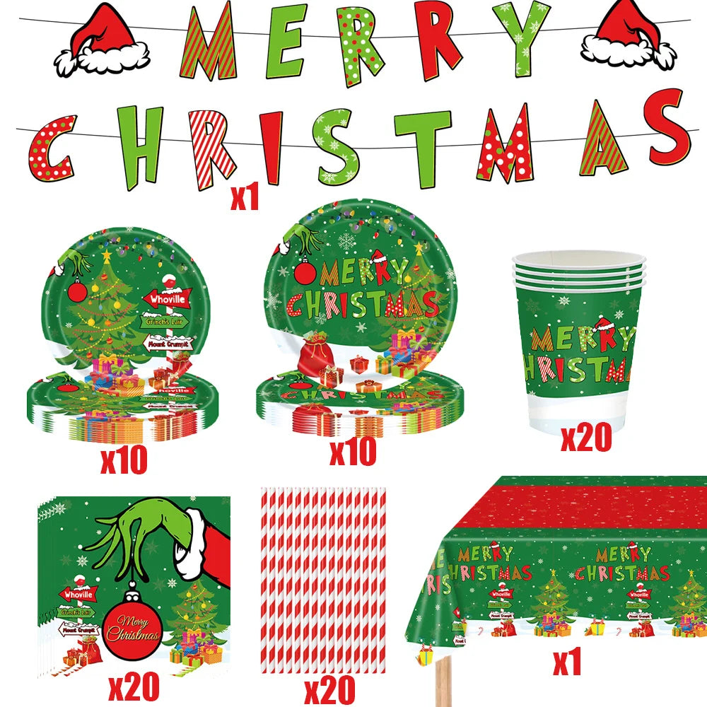Festive Green Christmas Tableware Set — Disposable Party Supplies