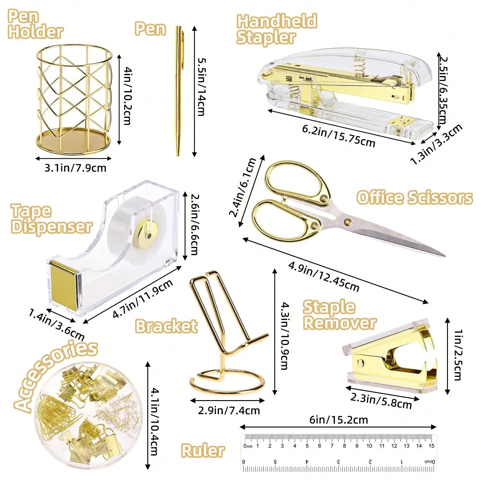 Gold Acrylic Desk Accessories Set — Elegant Office Supplies Kit
